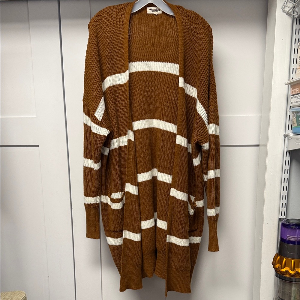 Haptics by Holly Harper Brown and White Striped Cardigan with pockets.